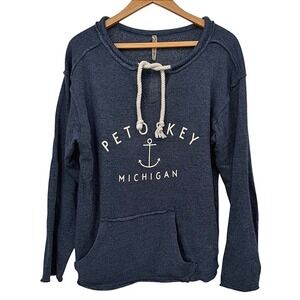 Momentum Petoskey Michigan Pullover Anchor Nautical Graphic Cozy Hoodie Blue L